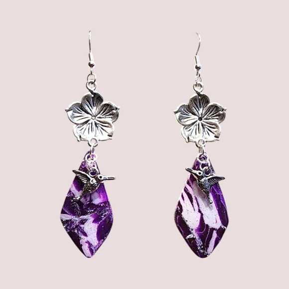 Handmade Polymer Clay Hummingbird and Sakura Earrings - Picture 2 of 2